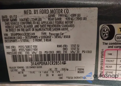 2012 Ford Fusion Se from USA, damaged, VIN 3FAHP0HA1CR285149